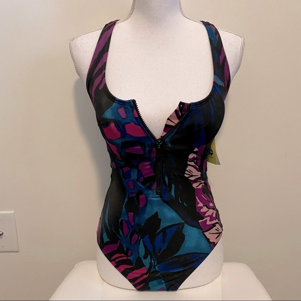 All in Motion One Piece Swimsuit - Black and Purple Floral XS junior
